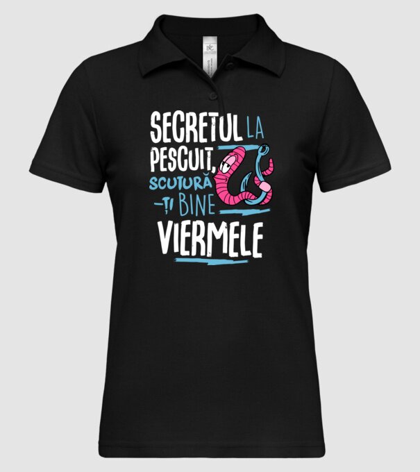 Secretul la pescuit scutură-ți bine viermele model negru pe tricou