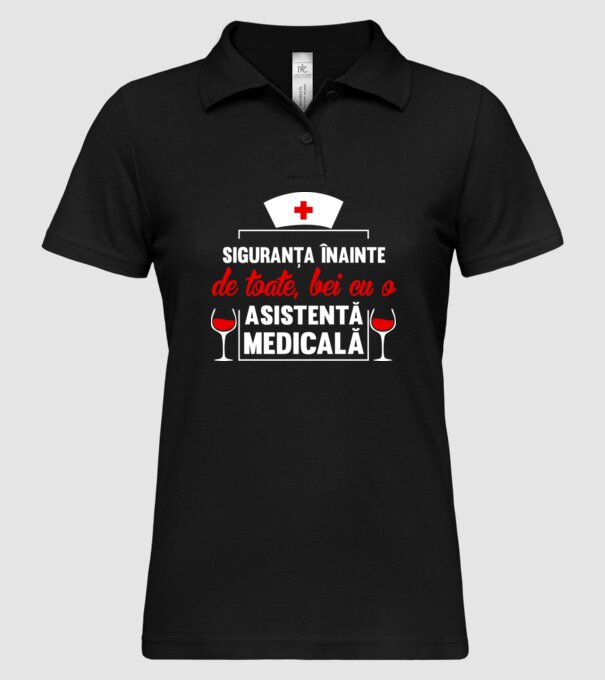 Siguranța înainte de toate, bei cu o asistentă medicală model negru pe tricou