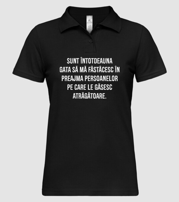 Sunt întotdeauna gata să mă fâstâcesc în preajma persoanelor pe care le găsesc atrăgătoare. model negru pe tricou