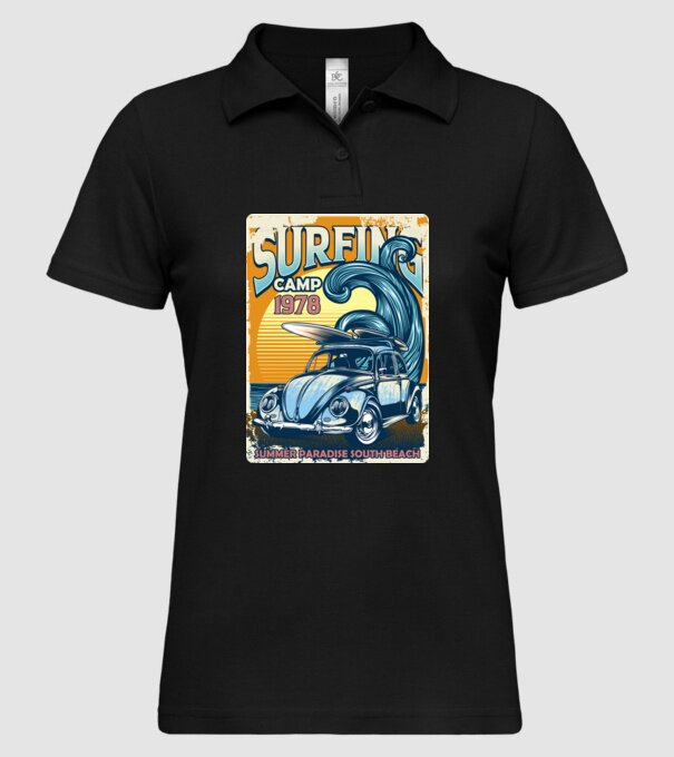 Surfer Camp model negru pe tricou