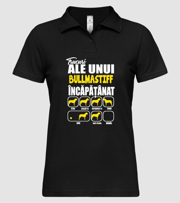 trucuri ale unui bullmastiff încăpățânat stai, culcă-te, întoarce-te, vino, adu, bate palma, rămâi model negru pe tricou