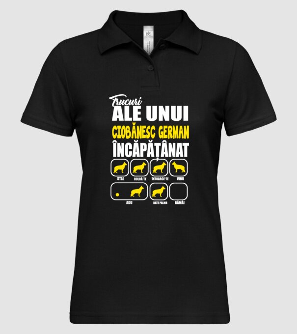 trucuri ale unui ciobănesc german încăpățânat stai, culcă-te, întoarce-te, vino, adu, bate palma, rămâi model negru pe tricou