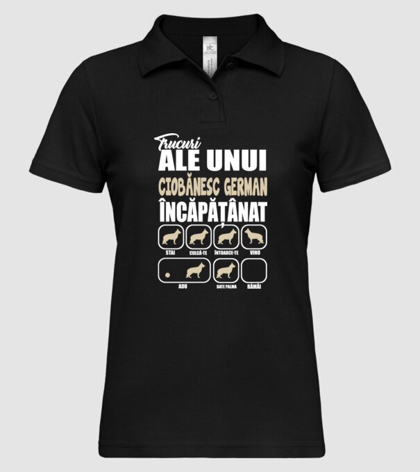 trucuri ale unui ciobănesc german încăpățânat stai, culcă-te, întoarce-te, vino, adu, bate palma, rămâi model negru pe tricou