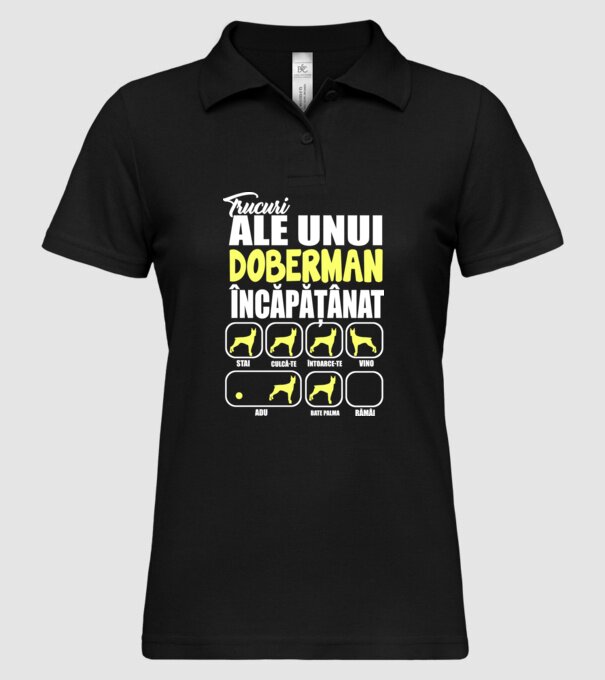 trucuri ale unui doberman încăpățânat stai, culcă-te, întoarce-te, vino, adu, bate palma, rămâi model negru pe tricou