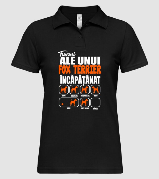 trucuri ale unui fox terrier încăpățânat stai, culcă-te, întoarce-te, vino, adu, bate palma, rămâi model negru pe tricou
