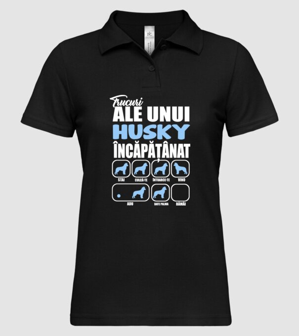 trucuri ale unui husky încăpățânat stai, culcă-te, întoarce-te, vino, adu, bate palma, rămâi model negru pe tricou