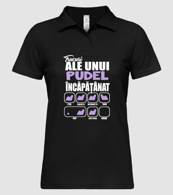 trucuri ale unui pudel încăpățânat stai, culcă-te, întoarce-te, vino, adu, bate palma, rămâi model negru pe tricou