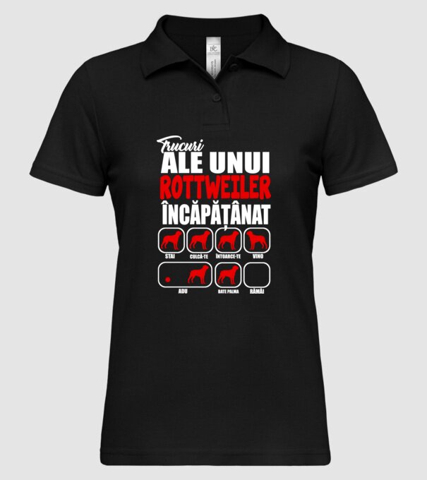 Trucuri ale unui rottweiler încăpățânat stai, culcă-te, întoarce-te, vino, adu, bate palma, rămâi model negru pe tricou
