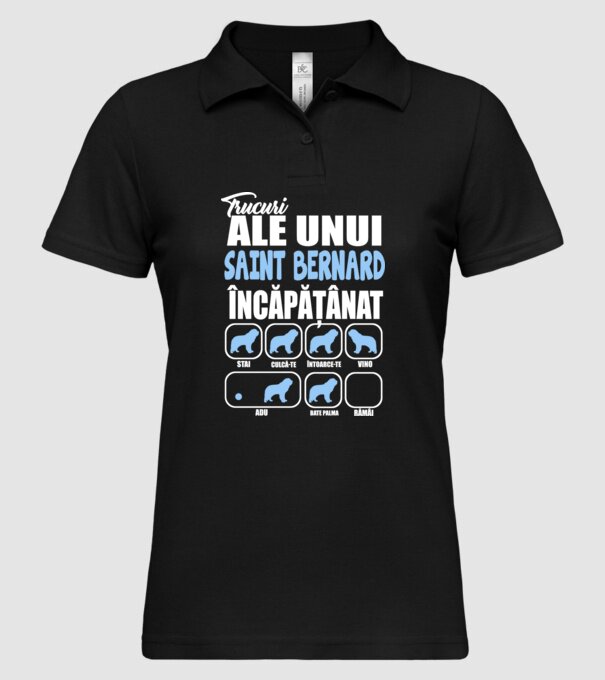 trucuri ale unui Saint Bernard încăpățânat stai, culcă-te, întoarce-te, vino, adu, bate palma, rămâi model negru pe tricou