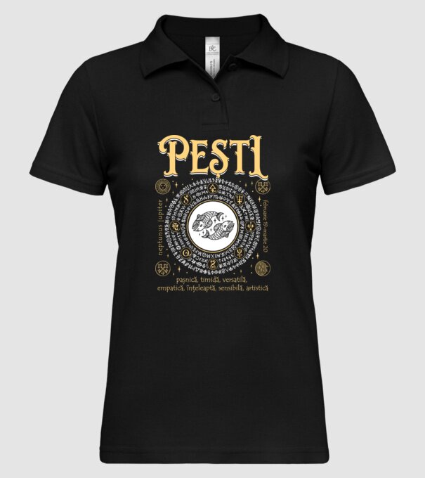 Zodiac femeie PEȘTI golden model negru pe tricou
