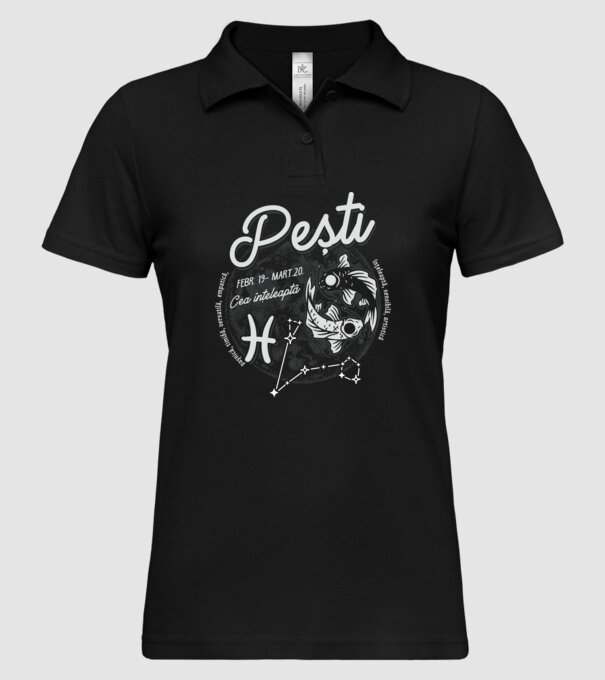 Zodiac femeie PEȘTI retro model negru pe tricou