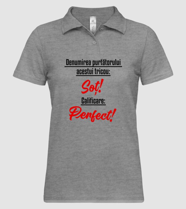 Denumirea purtătorului acestui tricou: Soț! Calificare: Perfect! model gri pe tricou