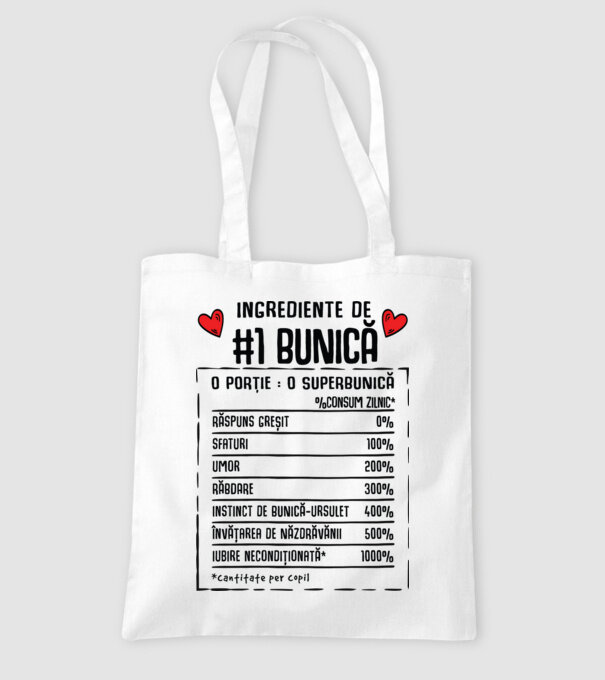 Ingrediente Bunică - o porție : o superbunică - %consum zilnic* răspuns greșit, sfaturi, umor, răbdare, instinct de bunică-ursul model alb pe tricou