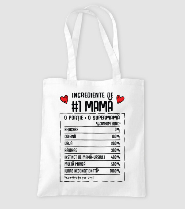 Ingrediente de Mamă - o porție : o supermamă - %consum zilnic* relaxare, cofeină, grijă, răbdare, instinct de mamă-ursuleț, mult model alb pe tricou