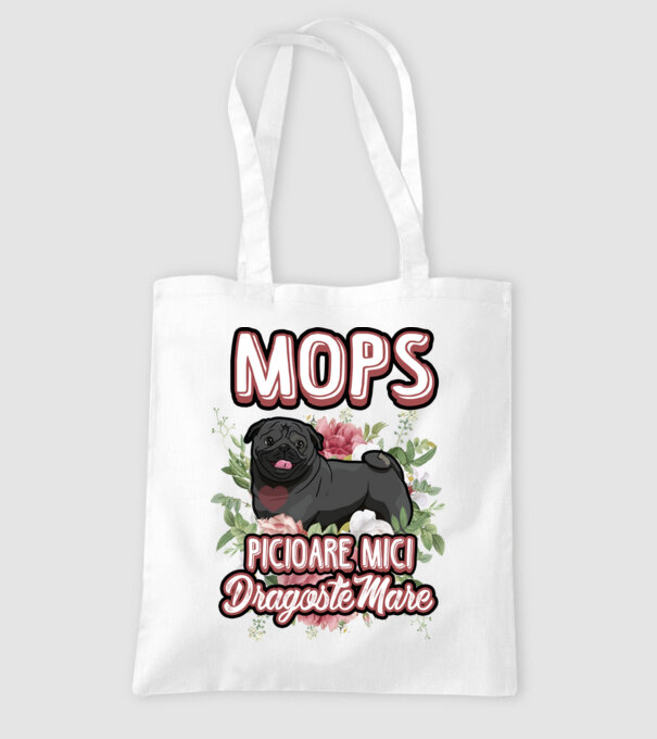 Mops negru picioare mici dragoste mare model alb pe tricou