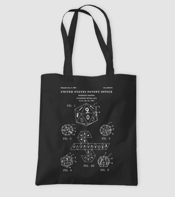 Icosahedron decimal dice patent model negru pe tricou
