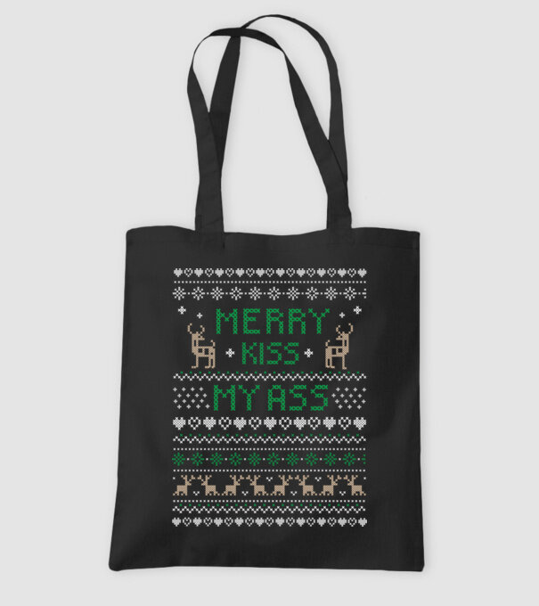 Merry kiss my ass ugly sweater model negru pe tricou