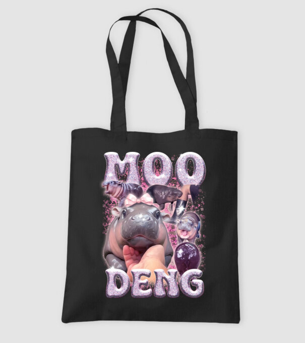 MOO DENG baby hippo model negru pe tricou