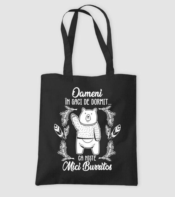 oameni în saci de dormit... ca niște mici burritos model negru pe tricou