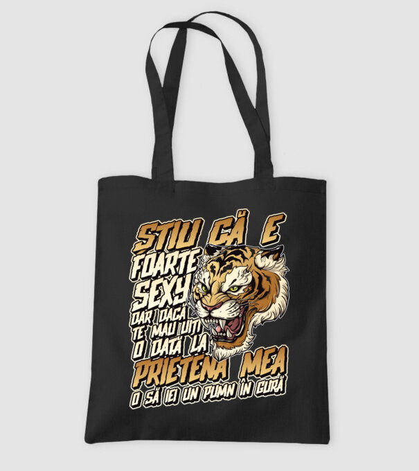 Știu că e foarte sexy, dar dacă te mai uiți o dată la prietena mea, o să iei un pumn în gură model negru pe tricou