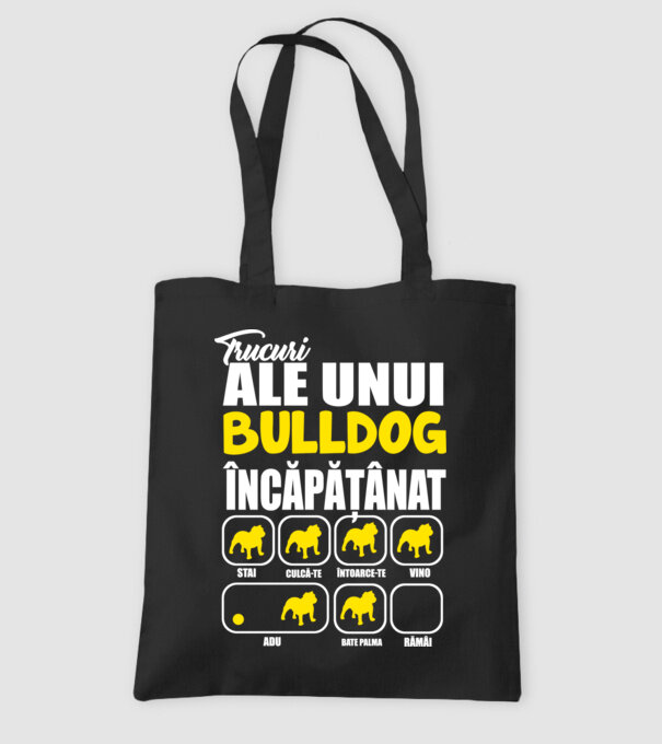 trucuri ale unui bulldog englezesc încăpățânat stai, culcă-te, întoarce-te, vino, adu, bate palma, rămâi model negru pe tricou