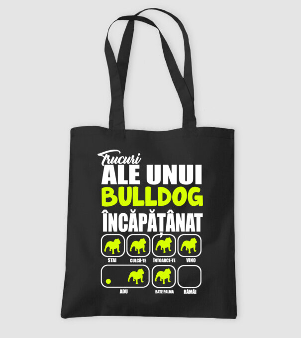trucuri ale unui bulldog englezesc încăpățânat stai, culcă-te, întoarce-te, vino, adu, bate palma, rămâi model negru pe tricou