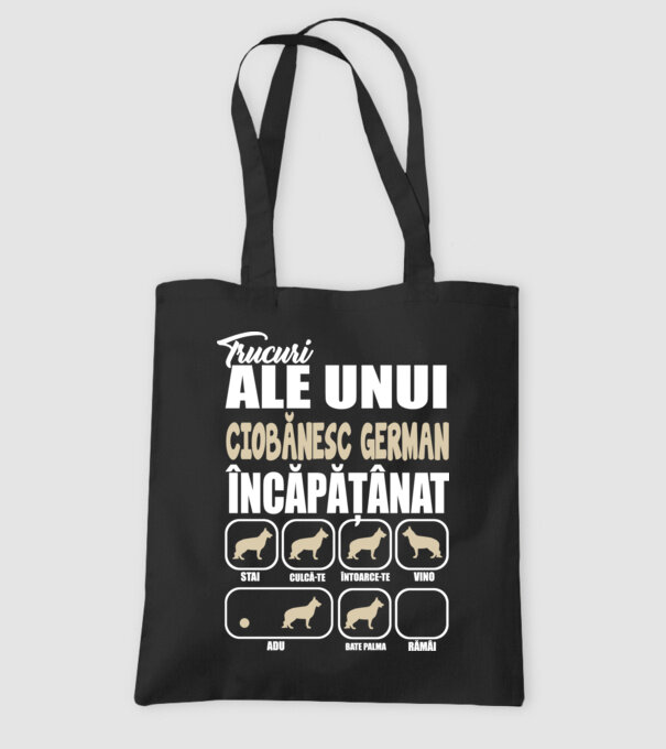 trucuri ale unui ciobănesc german încăpățânat stai, culcă-te, întoarce-te, vino, adu, bate palma, rămâi model negru pe tricou