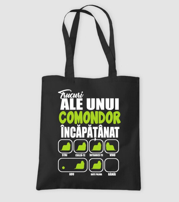 trucuri ale unui comondor încăpățânat stai, culcă-te, întoarce-te, vino, adu, bate palma, rămâi model negru pe tricou