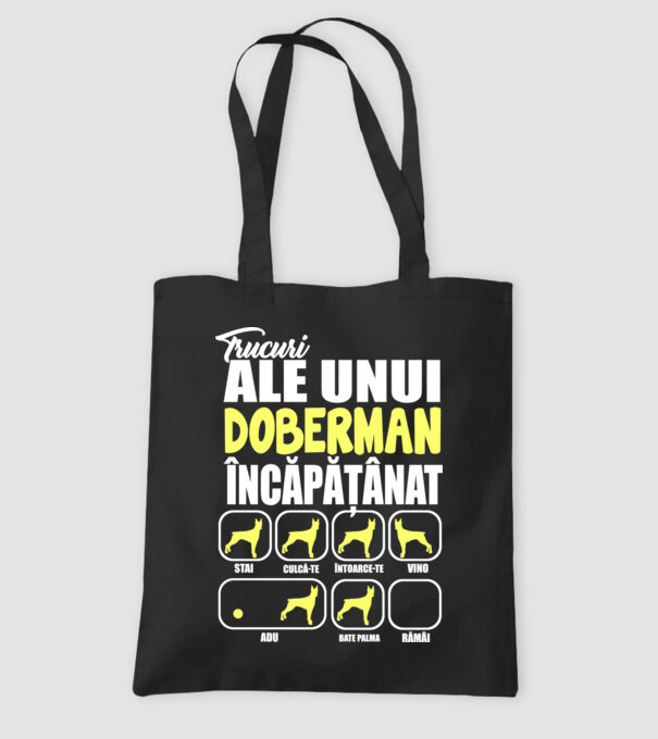 trucuri ale unui doberman încăpățânat stai, culcă-te, întoarce-te, vino, adu, bate palma, rămâi model negru pe tricou