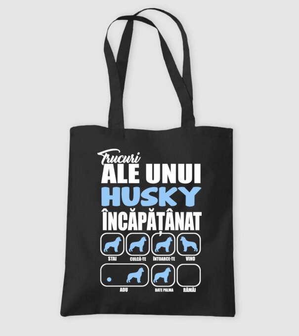 trucuri ale unui husky încăpățânat stai, culcă-te, întoarce-te, vino, adu, bate palma, rămâi model negru pe tricou