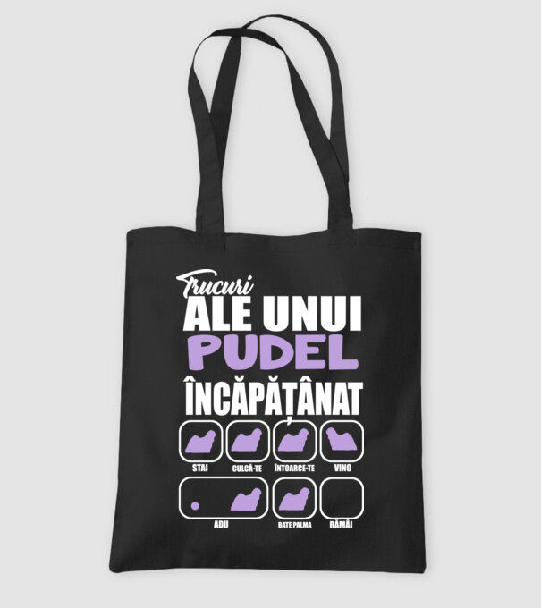 trucuri ale unui pudel încăpățânat stai, culcă-te, întoarce-te, vino, adu, bate palma, rămâi model negru pe tricou