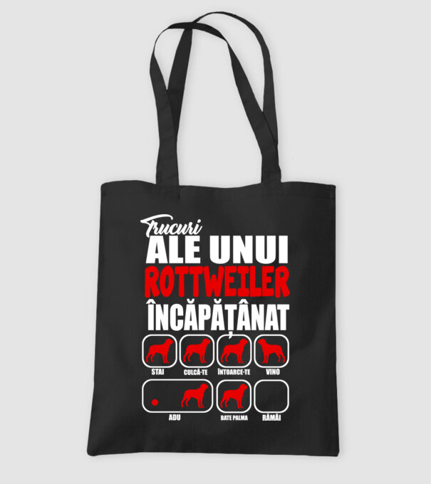 Trucuri ale unui rottweiler încăpățânat stai, culcă-te, întoarce-te, vino, adu, bate palma, rămâi model negru pe tricou