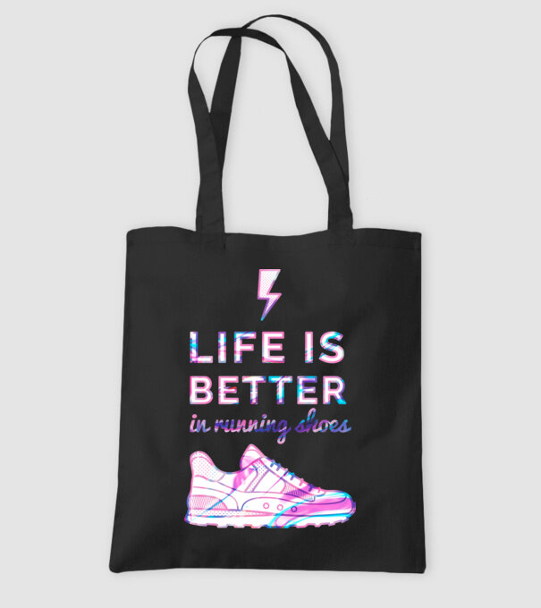 Life is better running shoes HOLO model negru pe tricou