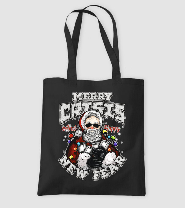 Merry Crisis and Happy New Fear model negru pe tricou