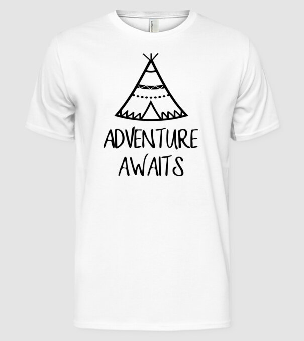 Adventure awaits teepee model alb pe tricou