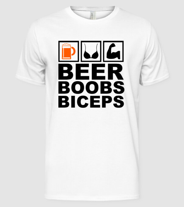 Beer Boobs Biceps model alb pe tricou