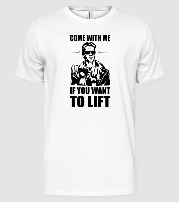come with me arnold model alb pe tricou