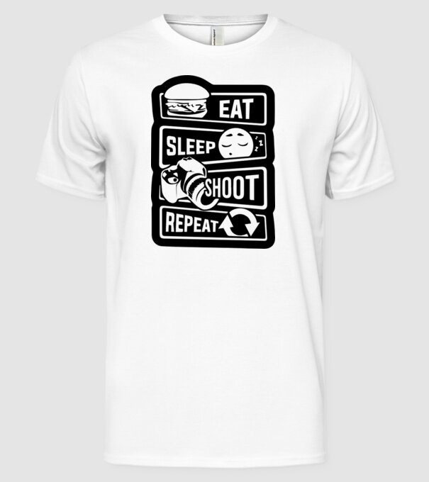 eat sleep shoot repeat model alb pe tricou