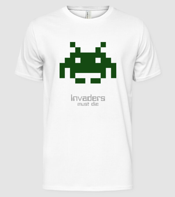 Invaders Must Die model alb pe tricou