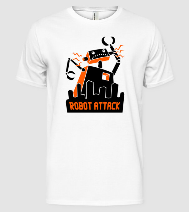 Robot Attack model alb pe tricou