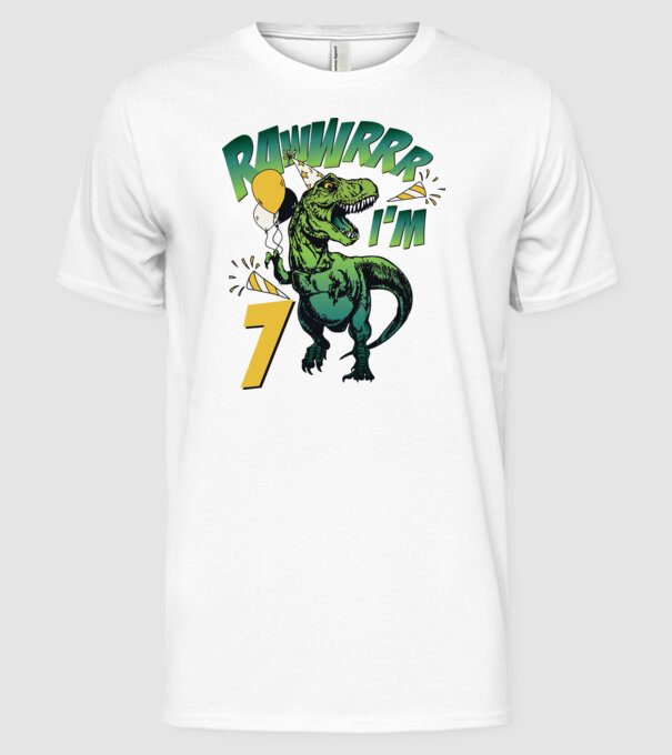 'Birthday Dinosaur rawww i''m 7' model alb pe tricou