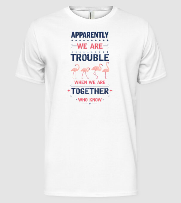 Trouble together flamingos model alb pe tricou