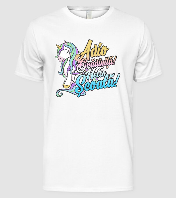 Adio grădiniță! Hello școală! model alb pe tricou