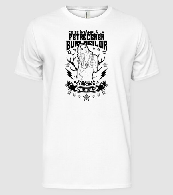Ce se întâmplă la petrecerea burlacilor, rămâne la petrecere a burlacilor model alb pe tricou