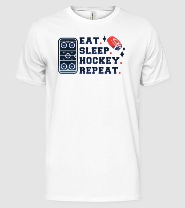 Eat Sleep Hockey Repeat model alb pe tricou