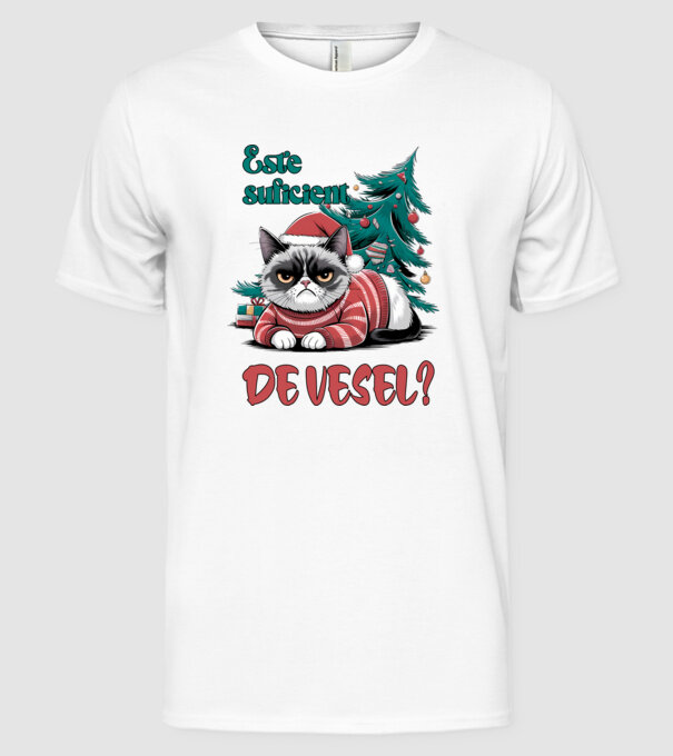 Este suficient de vesel? pisică Crăciun model alb pe tricou