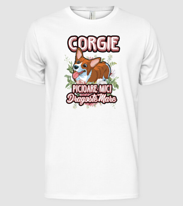 corgie : picioare mici dragoste mare model alb pe tricou