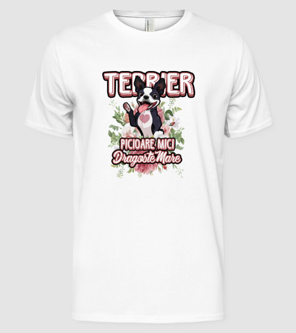 terrier : picioare mici dragoste mare model alb pe tricou