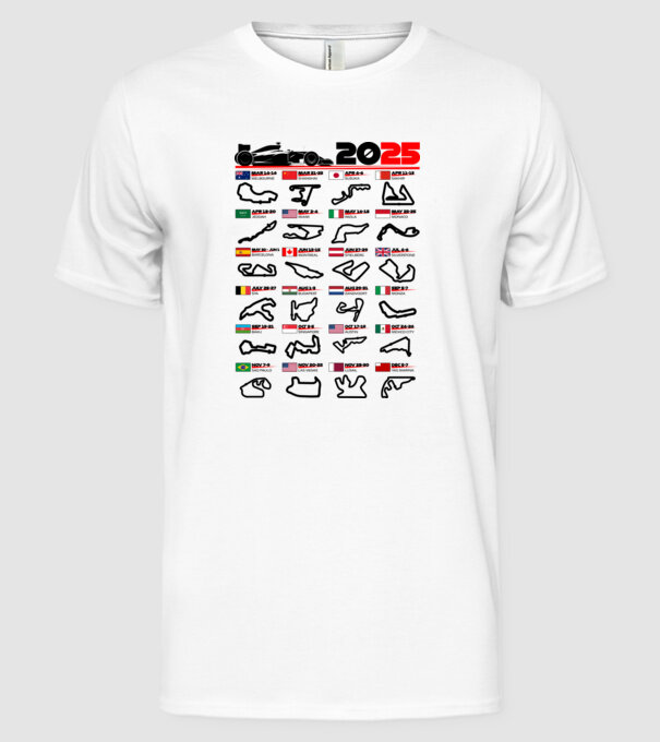 F1 calendar 2025 model alb pe tricou