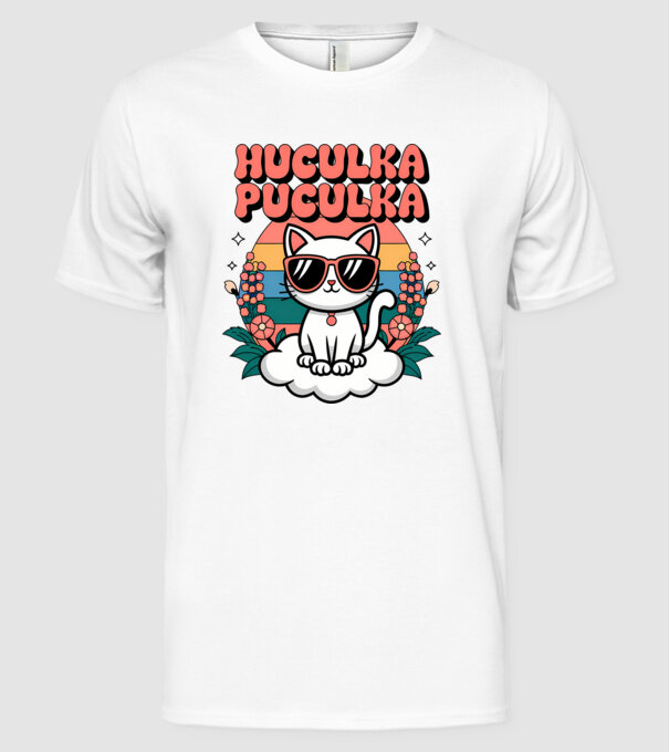 Huculka Puculka pisică 1 model alb pe tricou